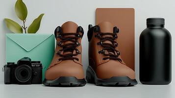 Brown hiking boots positioned with a camera, water bottle, and envelope on a minimalist background photo