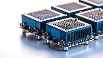 Close-up view of blue electronic components arranged in a futuristic design on a reflective surface photo