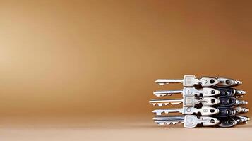 A close-up view of a neatly arranged stack of metallic keys on a smooth, warm-toned background photo