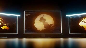 Futuristic control room displaying global data analysis with illuminated screens and maps photo