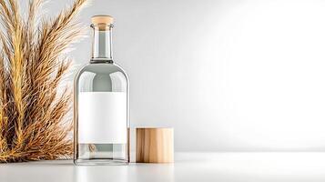 Clear glass bottle with blank label beside wooden lid and dried grass on minimalist background photo