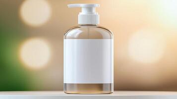 Clear bottle of liquid soap on a softly lit background with blurred bokeh effects photo
