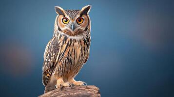 Majestic owl perched on a rock, surrounded by a serene blurred background at dusk photo