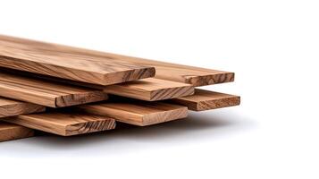 Stacked wooden planks showcasing unique grain patterns on a clean white background photo