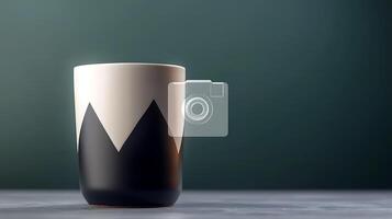 Stylish ceramic mug with geometric design on a marble surface against a blurred background photo