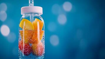 Refreshing fruit-infused drink in a clear bottle with colorful fruit against a blurred blue background photo