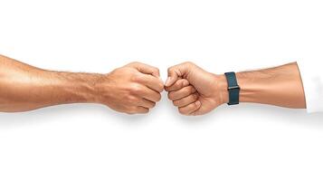 Two hands engaging in a fist bump against a white background, symbolizing connection and camaraderie photo