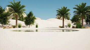 Serene desert oasis with palm trees and a tranquil pool surrounded by sandy dunes photo