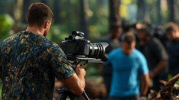 Photographer capturing a moment in a lush forest with crew members in the background photo