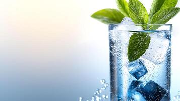 Refreshing glass of sparkling water with ice and mint leaves against a soft gradient background photo