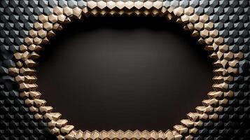 Abstract design featuring a hexagonal pattern in gold and black framing a central void photo