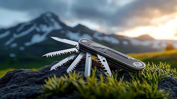 Multi-tool knife resting on a rock with mountains in the background during sunset photo