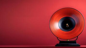 Vintage red gramophone on a smooth red background, evoking nostalgia and classic music vibes photo