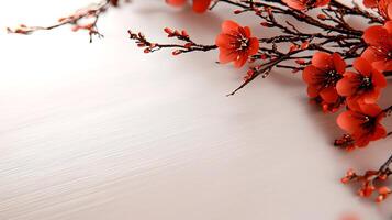 Vibrant red blossoms elegantly arranged on a soft pink background, creating a serene atmosphere photo