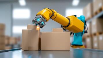 Industrial robotic arm efficiently sorting and stacking cardboard boxes in a warehouse environment photo