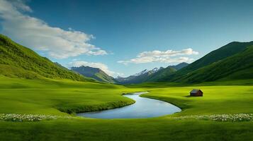 Serene landscape featuring a winding river and a solitary cabin amidst lush green hills and mountains photo