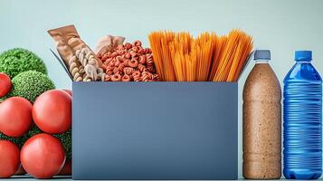 Assorted Groceries in a Box with Fresh Vegetables, Pasta, and Bottled Drinks on Display photo