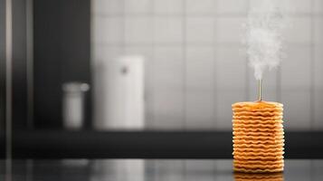 Stack of steam-emitting crispy snacks on a kitchen countertop with a blurred background photo