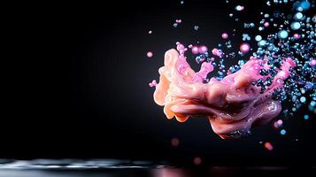 Vibrant splash of colorful liquid against a dark background, creating a dynamic visual effect photo