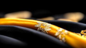 Close-up of luxurious black and gold fabric with intricate embroidery and soft draping photo