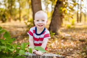 Ten-month-old baby sitting on felled tree in the autumn forest photo