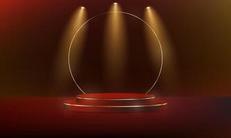 Red background 3d with gold podium for product presentation. Empty space for placing text and products for promotion. illustration. vector