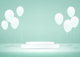 Blue background 3d with white podium and balloon. 3D abstract studio room with pedestal podium. Space for selling products, backdrop, wallpaper, background, text. illustration. vector