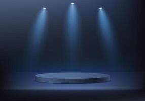 Dark blue background 3d with podium. The stand is set on a floor and dark blue background. Space for selling products on the website. illustration. vector