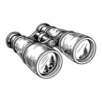 Sketch of binoculars reflecting nature trees visible in lenses, artistic exploration instrument vector