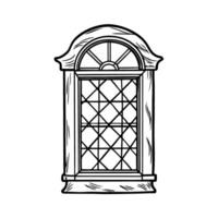 Vintage arched window sketch with detailed wooden frame and geometric glass patterns vector