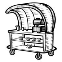 Coffee cart illustration with espresso machine and cups in black and white line art vector