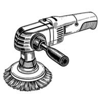 electric rotary tool with round brush attachment for surface polishing and cleaning in black and white illustration vector