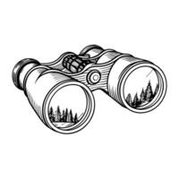 Binoculars with forest reflection adventure, exploration and nature observation concept in sketch vector