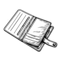 Open leather wallet illustration with card slots and snap button, classic black and white sketch vector