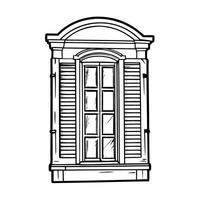 Vintage arched window with shutters retro architectural drawing black and white illustration vector