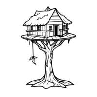 Treehouse line art simple tree dwelling with ladder and shingled roof vector