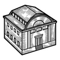 Hand drawn classical building illustration with arched roof and columns, black and white etching vector