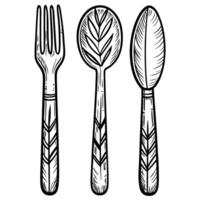 Hand drawn cutlery art fork, spoon, knife with intricate leaf patterns vector