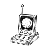 Retro space exploration device sketch with planet display and antenna, vintage sci fi concept vector