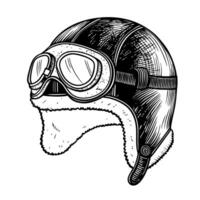 Vintage aviator helmet illustration with goggles and straps in black and white art vector