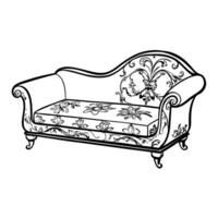 Ornate vintage sofa illustration with floral patterns and elegant design in black and white vector