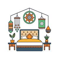 Chic Bedroom with Boho Inspired Wall Hangings vector
