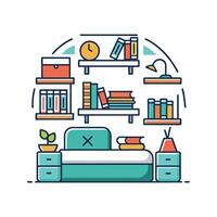 Stylish Bedroom with Floating Bookshelves Design vector