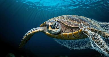 Green sea turtle tangled in fishing net. Concept of environmental pollution. photo