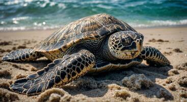 A green sea turtle, on the beach near the ocean coast. Environmental safety. Created using AI photo