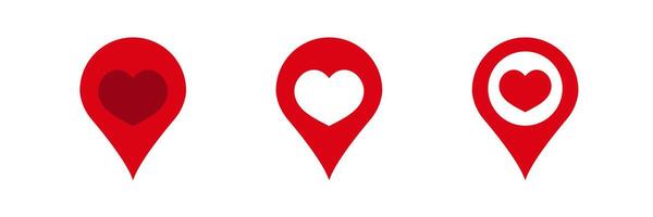 Red heart symbols inside location pins for maps and navigation applications vector