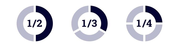 Visual representation of fractions with three circular graphs in varied segment sizes vector