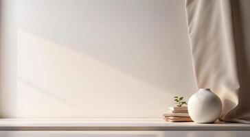 A white vase with a plant on a window sill photo