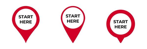 Red location pins with start here text in circle symbol for navigation or maps vector