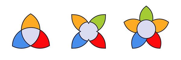 Three colorful geometric shapes show symmetry and creative design with circular centers vector
